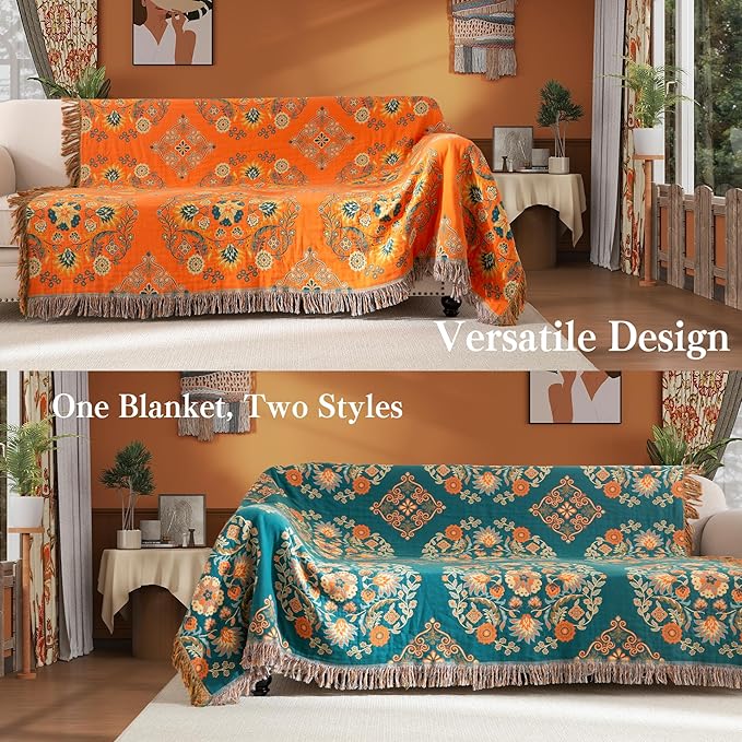 Boho Throw Blanket Throw Size, Soft Cozy Cotton Muslin Quilt Blanket for Bed Decor, Bird Patterned Couch Sofa Chair Cover, Vintage Farmhouse Cottage Tapestry Woven Blanket, Orange&Green