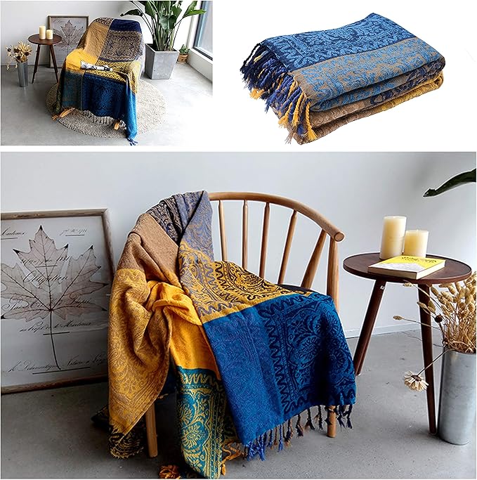 Bohemian Throw Blanket for Couch，Colorful Chenille Tassels Boho Woven Hippie Throw Blankets for Couch Bed Sofa Chair Recliner Loveseat, Bohemian Fringe Tassels Decor Home(Blue, S:60x75)