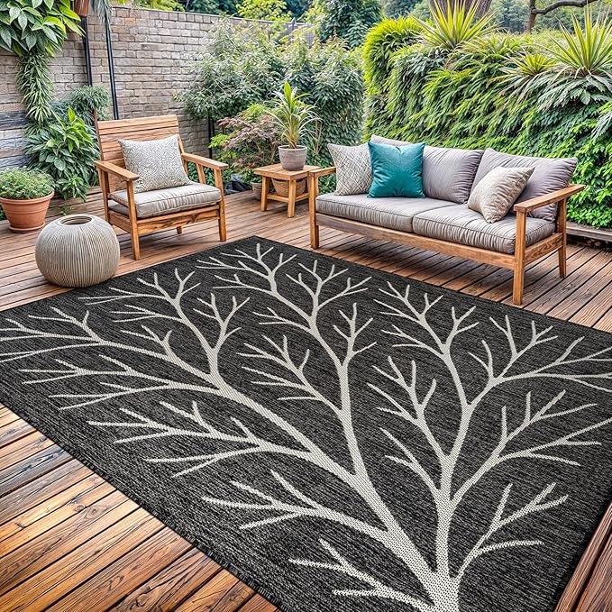 Washable Indoor Outdoor Rug 8x10 Modern Area Rugs Branch Pattern Non Shedding Waterproof Easy Clean Patio Deck Porch Living Room Bedroom Garden RV (8 X 10 Dark Gray)