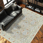 Vintage Beige Blue Living Room Rug, 5x7 Washable Area Rugs for Dining Room Under Table, Soft Low Pile Large Carpet Bedroom, Non-Slip Boho Floral (5 x 7 Beige Blue)