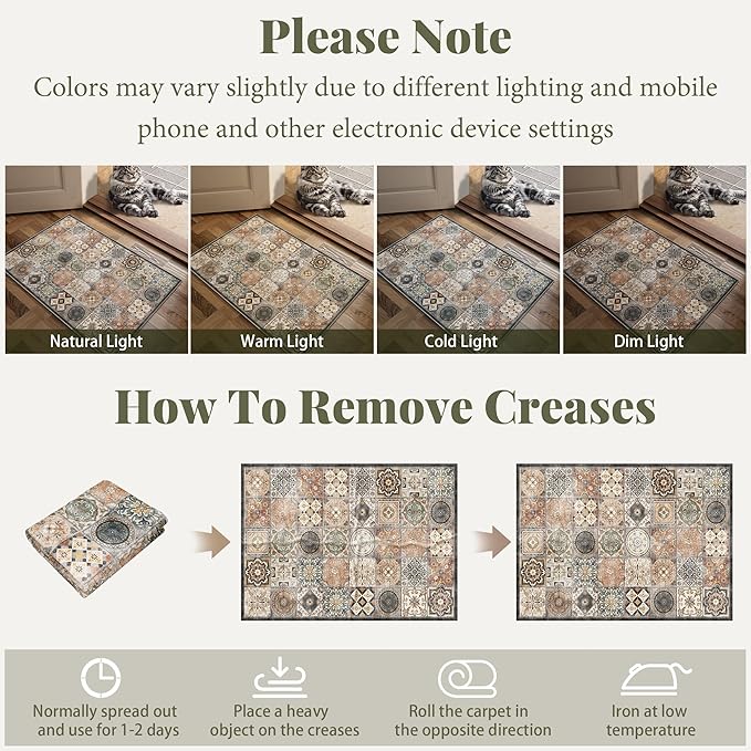 Washable 2'x3' Non Slip Rug Vintage Soft Low Pile Lightweight Small Area Rugs for High-Traffic Areas (Entryway, Kitchen, Hallway), Farmhouse Decor