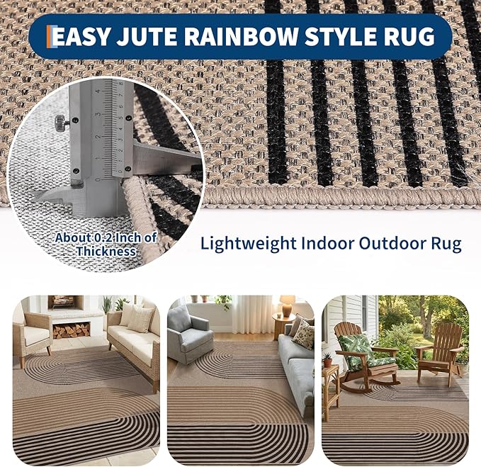 GarveeHome Modern Rainbow Easy Jute Rug 5x7, Washable Area Rugs for Living Room Bedroom Farmhouse Dining Room, Contemporary Neutral Non Slip Non Shedding Floor Carpet for Office RV Patio