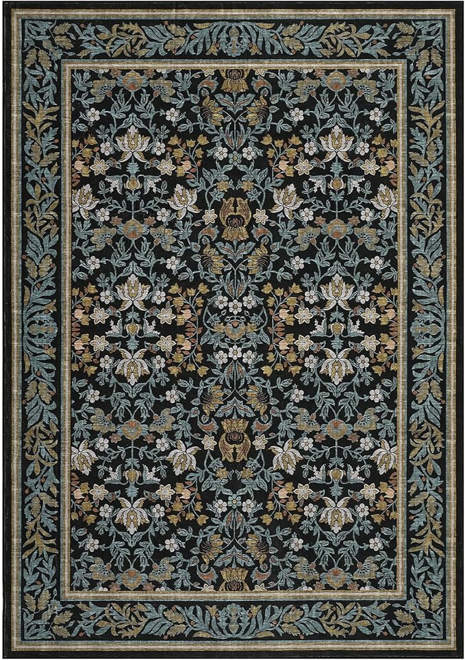 GarveeHome 6x9 Area Rugs Washable Rugs for Living Room, Boho Vintage Rug Non Slip Low Pile Stain Resistance Indoor Soft Large Carpet for Bedroom Dining Room Office Blue Black