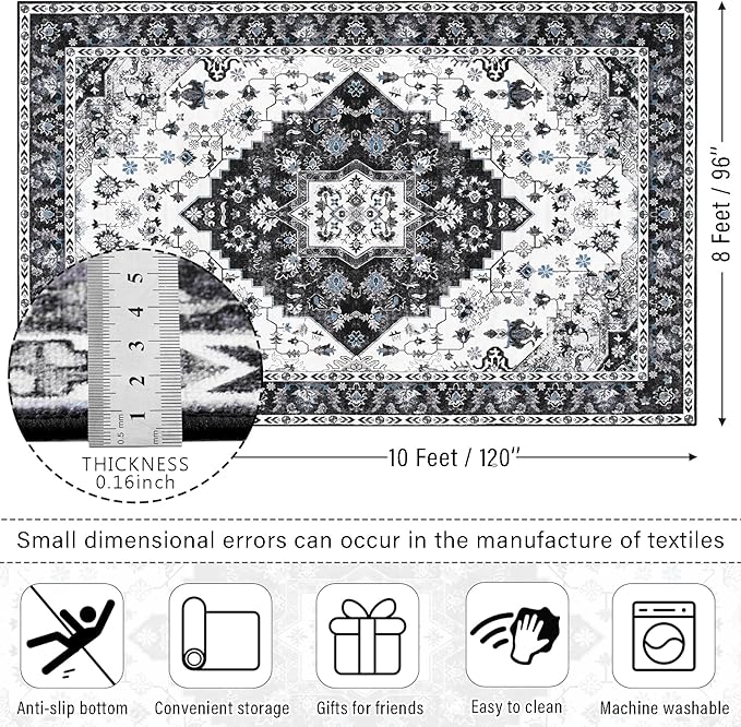 Amearea Vintage Design Area Rugs for Living Room, 8x10 Machine Washable Floral Collection Traditional Bedroom Rug, Low Pile Cute Kids Room Print Carpet, No Slip Office Kitchen Home Decor, Black