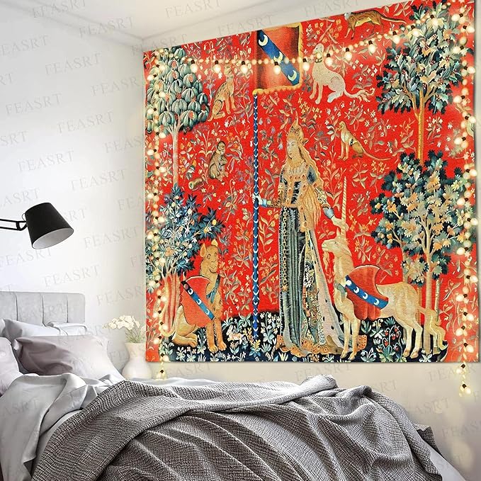 FEASRT European Medieval Royal Tapestry Maiden and Unicorn, 90x84 Inches Soft Flannelette, for Medieval Art Collection of Decorative Wall Art