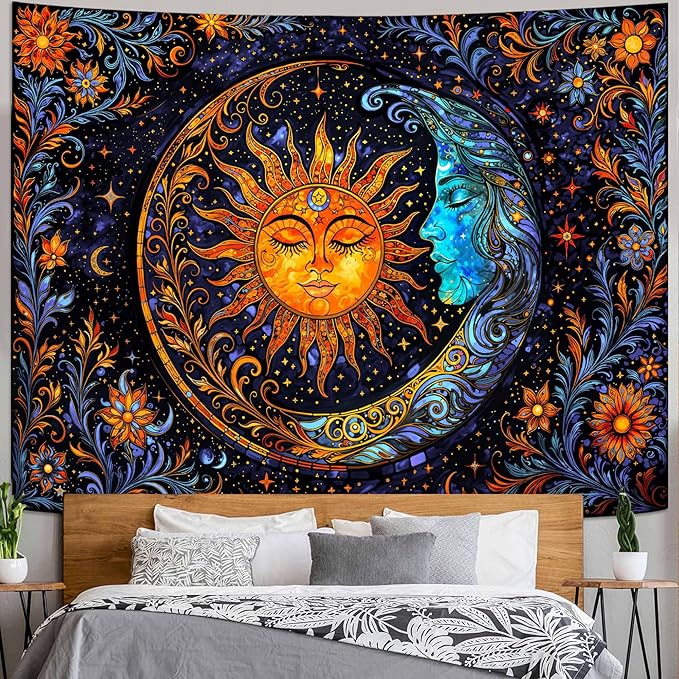 Spenlife Celestial Sun and Moon Tapestry Cosmic Tapestry for Bedroom Astral Tapestries Wall Hanging Bedroom Living Room Wall Art and Home Decor 44x60 Blue