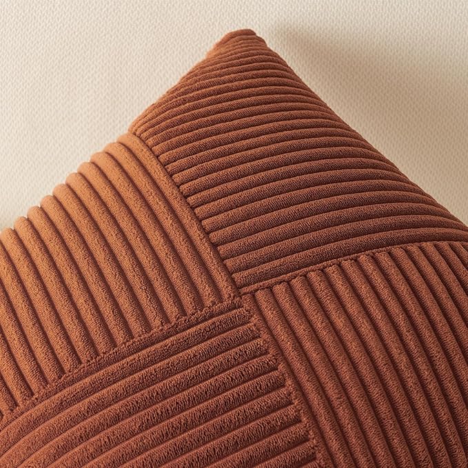 Topfinel Set of 2 Decorative Terracotta Throw Pillow Covers 16x16 Inch, Soft Corduroy Pillow Covers Windmill Textured Striped Patchwork Cushion Cases for Couch Sofa Bed Cute Aesthetic Home Decor