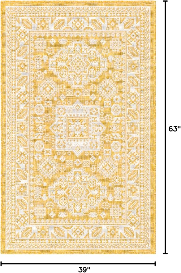 Rugs.com Outdoor Aztec Collection Rug – 3' x 5' Yellow Flatweave Rug Perfect for Living Rooms, Large Dining Rooms, Open Floorplans