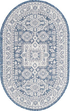 Rugs.com Outdoor Aztec Collection Rug – 3' x 5' Oval Blue Flatweave Rug Perfect for Living Rooms, Large Dining Rooms, Open Floorplans