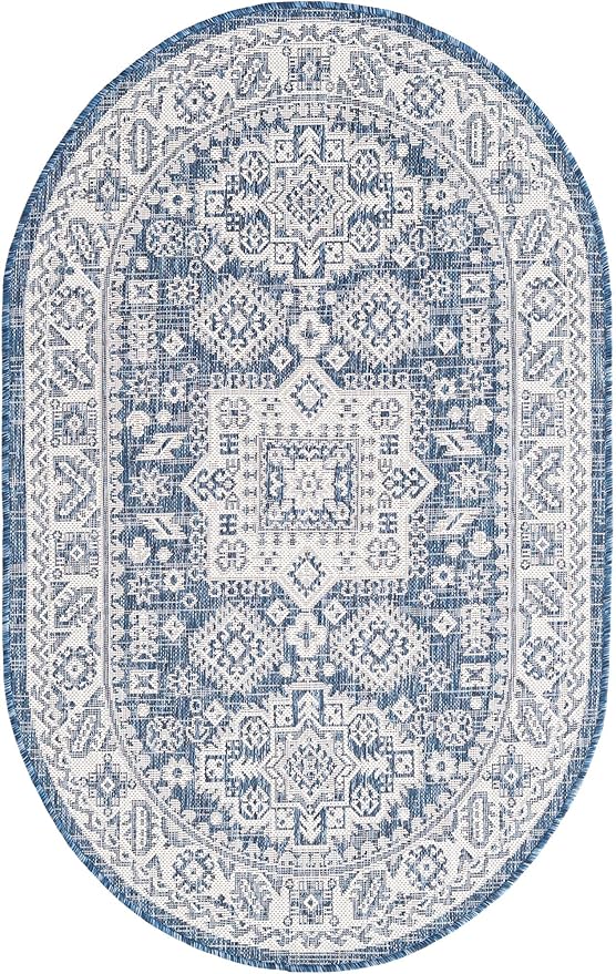 Rugs.com Outdoor Aztec Collection Rug – 3' x 5' Oval Blue Flatweave Rug Perfect for Living Rooms, Large Dining Rooms, Open Floorplans