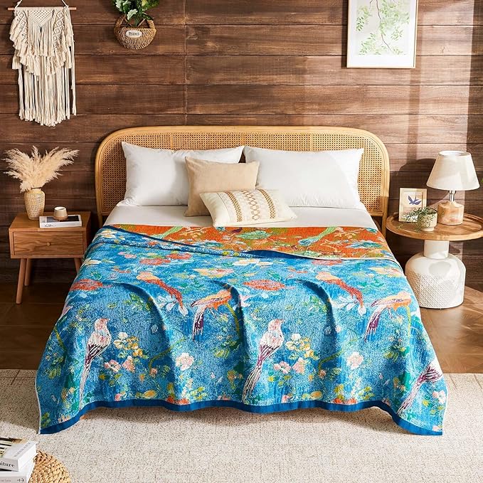 Boho Throw Blanket 100% Cotton Muslin Woven Blanket Bohemian Bed Throws Vintage Rustic Farmhouse Decor Reversible Bed Blanket Quilt for All Seasons（Blue 50"x60"）