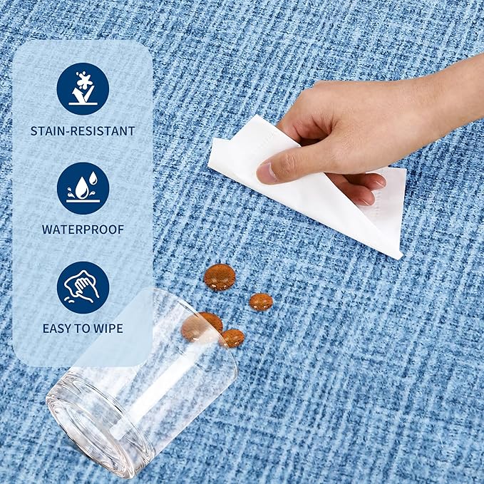Scalloped Blue 4ft Round Rug Washable Non-Slip Soft Ultra-Thin Small Circle Modern Cottage Core Solid Tan Carpet for Entryway Kitchen Bedroom Nursery Dining Room