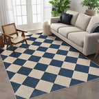 GarveeHome Checkered Easy Jute 5x7 Area Rugs for Living Room Machine Washable Non-Slip Backing Stain Resistant Modern Indoor Outdoor Rugs for Farmhouse Dining Room Patio Navy Blue