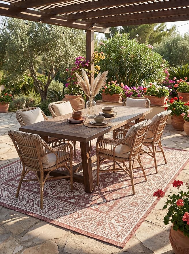 Rugs.com Outdoor Aztec Collection Rug – 5 Ft Square Rust Red Flatweave Rug Perfect for Living Rooms, Kitchens, Entryways