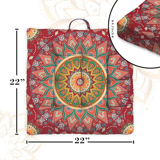 Mandala Meditation Cushion, Boho Meditation Mat, Meditation Pillows for Sitting on Floor, Cushions for Sitting in Home and Outdoor, Square Floor Pillow Cushion Seating for Yoga Accessories 22'' X 22''