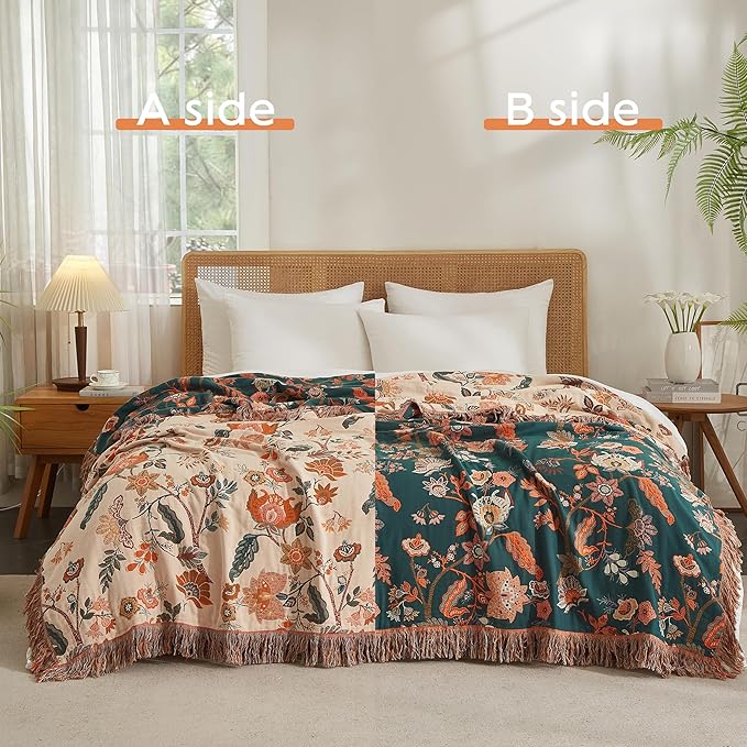 Boho Throw Blanket for Bed 90”x108”, 100% Cotton Woven Blanket for Couch Sofa, Ultra Soft 4-Layer Muslin Quilt with Floral Printed, Farmhouse Bed Blanket/Cover for Living Room Decor