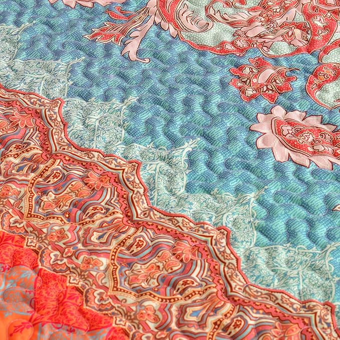 Exclusivo Mezcla 50"x 60" Quilted Throw Blanket- Microfiber Quilt Throw with Boho Striped Pattern, Reversible Teal and Orange Versatile Lap Quilt for All Seasons, Lightweight Throws for Bed/Couch/Sofa