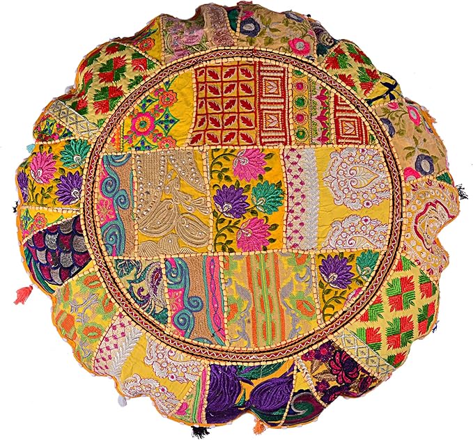 Rajasthani Handmade Colorful Decorative Floor Pillow Cover Meditation Patchwork Patchwork Cushion Seating Accent Boho Chic Indian Handmade Cover ONLY (Yellow, 32X32 Inches)