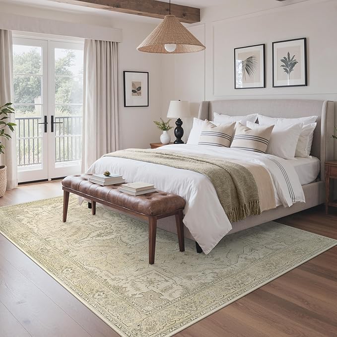 GENIMO 5X7 Washable Vintage Area Rugs for Living Room, Non-Slip Low Pile Chenille Print Rug, Soft Rugs for Bedroom Dining Room Home Office, Linen & Taupe