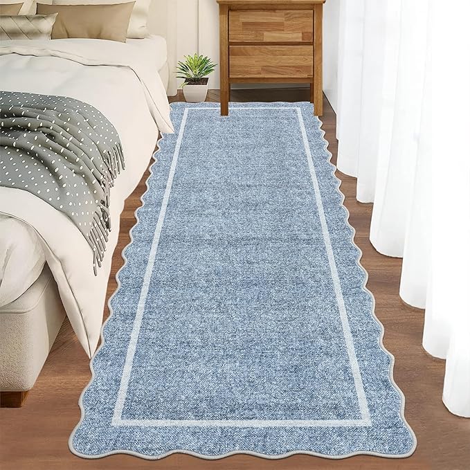 GarveeHome Scalloped Washable Runner Rug 2x6 Non Slip Kitchen Rugs Modern Blue Indoor Entryway Rug Farmhouse Soft Bath Mat Stain Resistant Carpet for Bedroom Hallway Laundry 2 ft x6 ft Blue