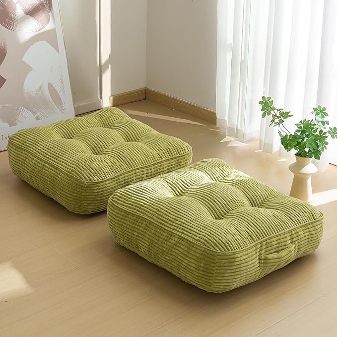 HIGOGOGO 6" Extra Thick Floor Pillow Cushion for Adults, Meditation Cushion Pillow, Large Square Floor Sitting, Tufted Corduroy Cover, for Tatami Living Room or Yoga, 22x22 Inch, 2Pack, Green