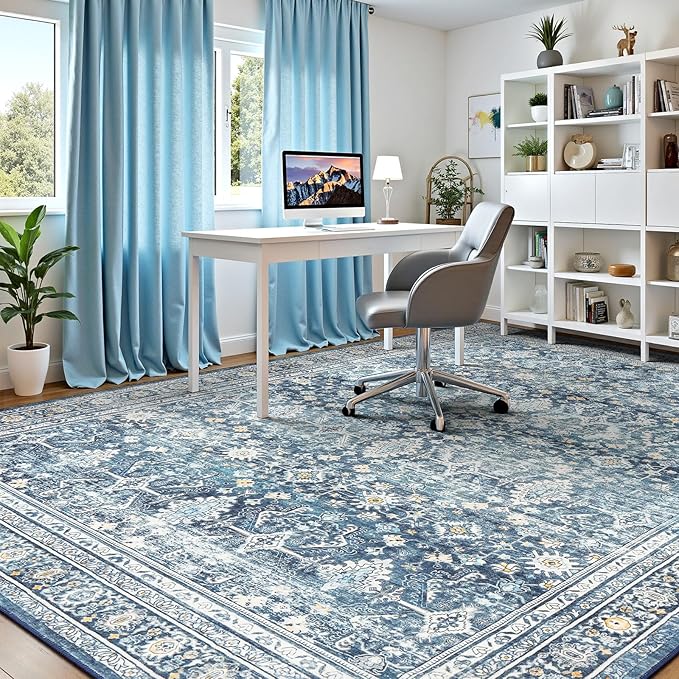 Lofus 10x14 Area Rug for Living Room,Blue Washable Area Rugs with Non-Slip Backing,Soft Boho Carpets for Bedroom Dining Room Home Office Indoor Nursery