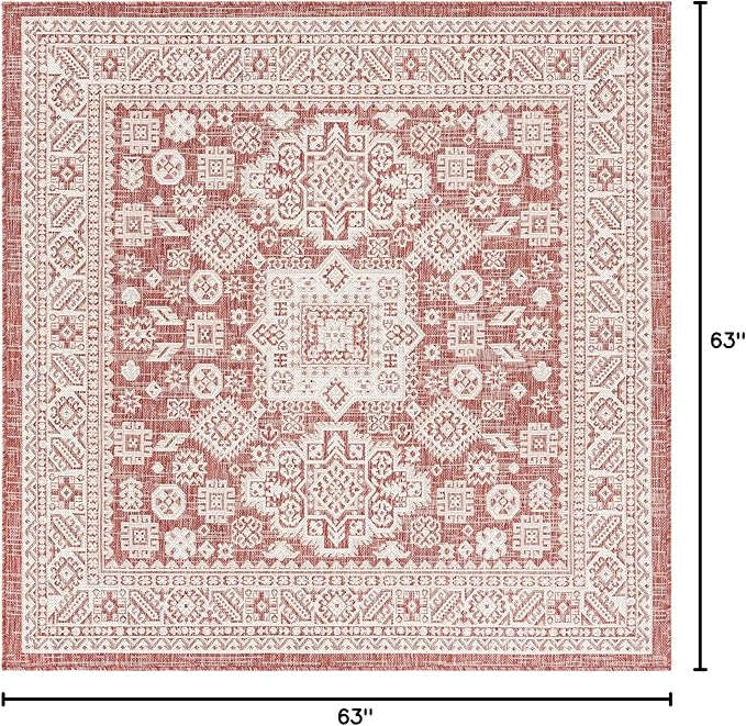 Rugs.com Outdoor Aztec Collection Rug – 5 Ft Square Rust Red Flatweave Rug Perfect for Living Rooms, Kitchens, Entryways