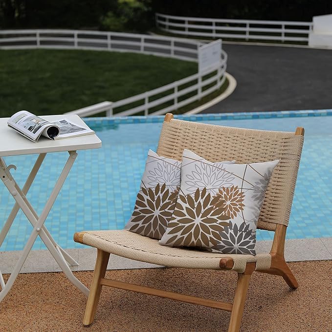 DFXSZ Brown Grey Outdoor Pillow Cover 18X18 Inch Set of 2 Outdoor Waterproof Summer Floral Brown Decorative Pillow case Decor for Couch Patio Funiture Garden Print Polyester Cushion Cover 01E18