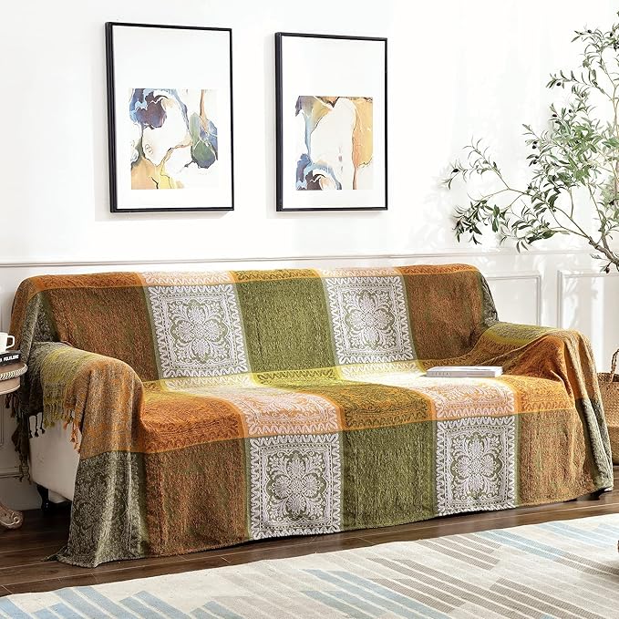 Boho Couch Cover - Hippie Chenille Jacquard Bohemian Chair Couch Sofa and Bed Furniture Cover with Colorful Tribal Pattern (Green, 87" x 102")