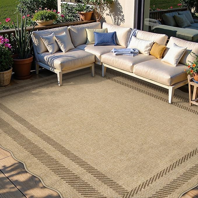 LIVEBOX Scalloped Washable 8x10 Rug, Easy Jute Tan Rug for Living Room, Indoor Outdoor Patio Non Slip Rugs for Bedroom, Geometric Farmhouse Dining Room Mat Modern Carpet Area Rug for Home Office Decor