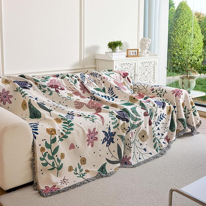 Boho Throw Blanket, 100% Handwoven Cotton Southwestern Farmhouse Floral Decor Reversible Blanket, All Season Throw for Sofa Bed Tapestry Outdoor Camping Picnic. 71″×91″