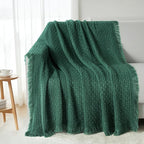 Exclusivo Mezcla Knit Throw Blanket with Fringes for Couch, Reversible Super Soft and Warm Woven Boho Throw for All Season, Home Decor, 50"x60", Forest Green
