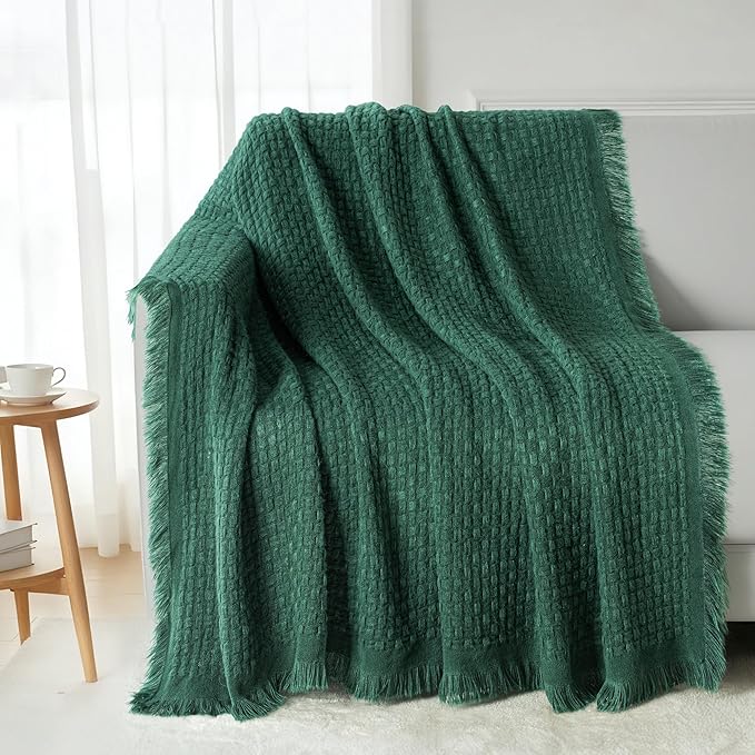 Exclusivo Mezcla Knit Throw Blanket with Fringes for Couch, Reversible Super Soft and Warm Woven Boho Throw for All Season, Home Decor, 50"x60", Forest Green