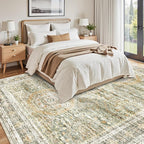 Washable Area Rug 8x10, Large Soft Rugs for Living Room Vintage 8x10 Area Rugs for Bedroom Dining Room Non-Slip Stain Resistant Under Table Green Orange Rug