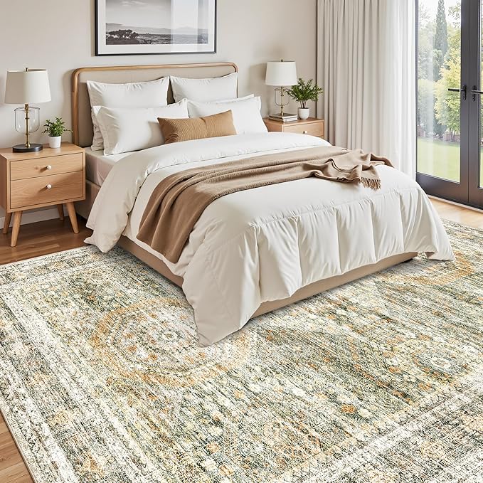 Washable Area Rug 8x10, Large Soft Rugs for Living Room Vintage 8x10 Area Rugs for Bedroom Dining Room Non-Slip Stain Resistant Under Table Green Orange Rug