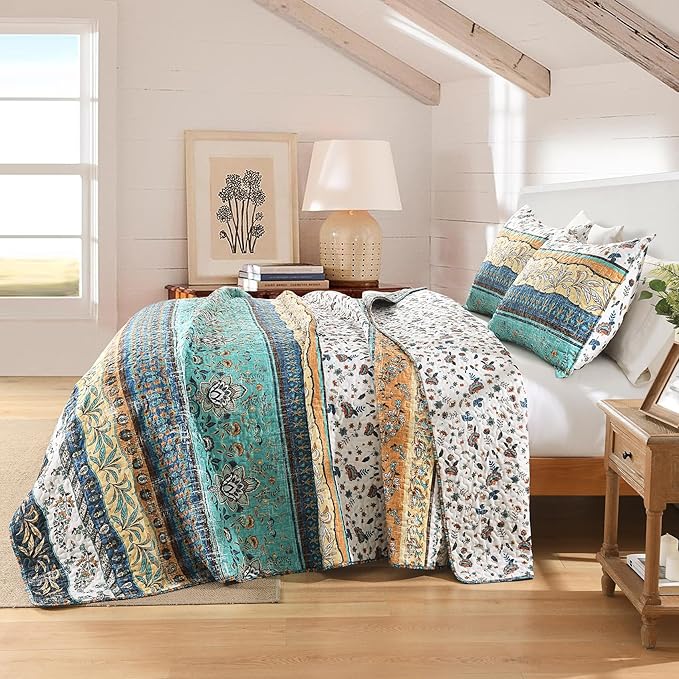 HORIMOTE HOME Boho Style Queen Quilt Set Yellow Bohemian Floral Strip Quilt Beddding Set, Soft and Lightweight Bedspread for All Season, Full Size Bed Coverlet with 2 Matching Pillow Shams (3 Pieces)