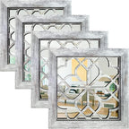 Set of 4 Boho Wall Mirrors with Carved Floral Design, 12x12 Inch Rustic Farmhouse Accent Mirrors, Vintage Style Shatterproof Square Mirror Decor for Living Room, Bedroom(Grey)