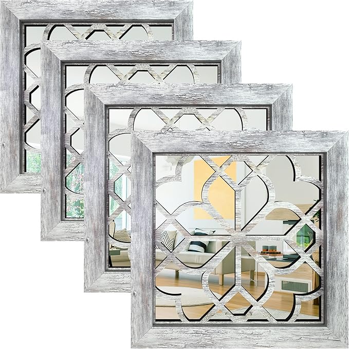 Set of 4 Boho Wall Mirrors with Carved Floral Design, 12x12 Inch Rustic Farmhouse Accent Mirrors, Vintage Style Shatterproof Square Mirror Decor for Living Room, Bedroom(Grey)