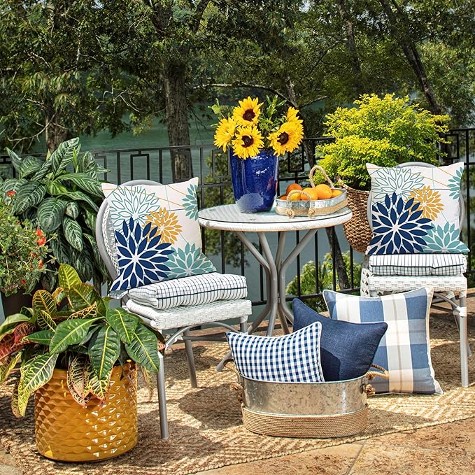 DFXSZ Dark Blue and Light Green Floral Pillow Covers 16x16 Set of 2 Outdoor Pillows Covers Waterproof Summer Pillowcovers Polyester Cushion Case Decor for Couch Patio Funiture Garden Porch 01T16