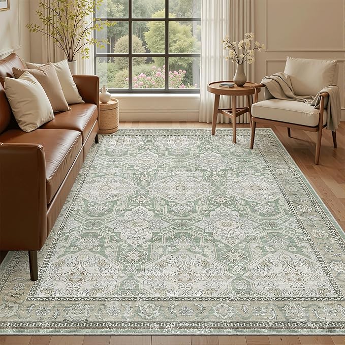 5x7 Area Rugs Green/Brown Low Pile Indoor Washable Trendy Faded Style Rugs for Bedroom Living Room Dining Room Foldable Non-Slip Thin Print Home Office Mat