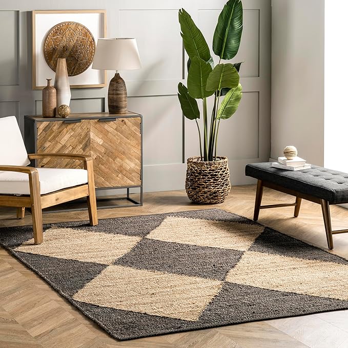 nuLOOM Pandora Diamond Jute Area Rug - 6x9, Black/Ivory, Global Inspired for Dining, Living, Kitchen
