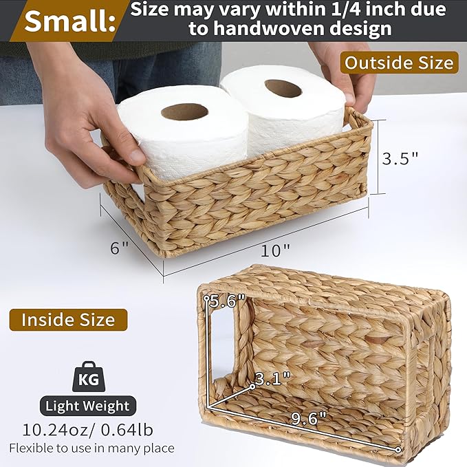 4 Small 3.6 QT Water Hyacinth Wicker Baskets for Shelves, 10" Long Woven Pantry Organizers and Storage Basket, Decorative Ratten Shallow Rectangle Baskets for Organizing Countertop Bathroom