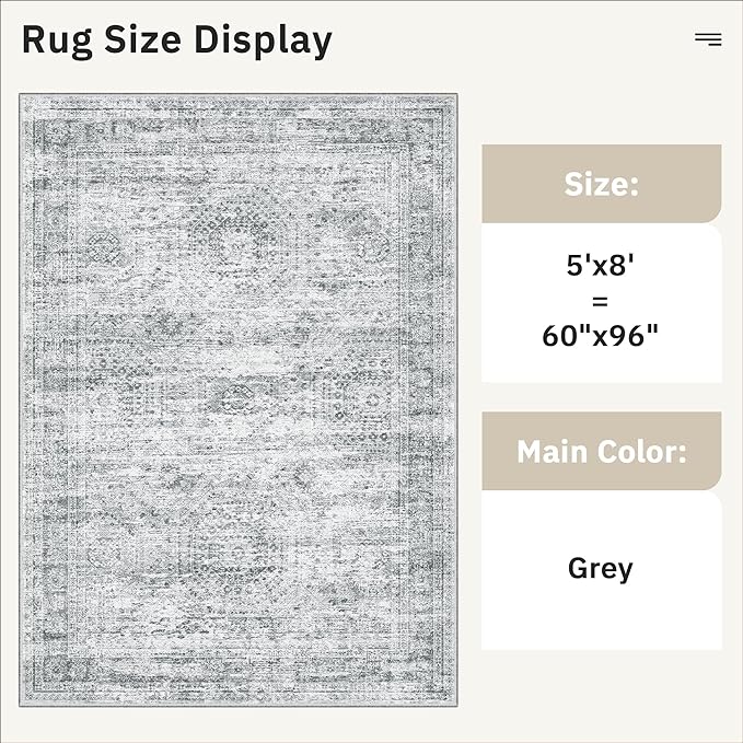 5x8 Area Rugs Grey Low Pile Indoor Washable Trendy Faded Style Rugs for Bedroom Living Room Dining Room Foldable Non-Slip Thin Print Home Office Mat