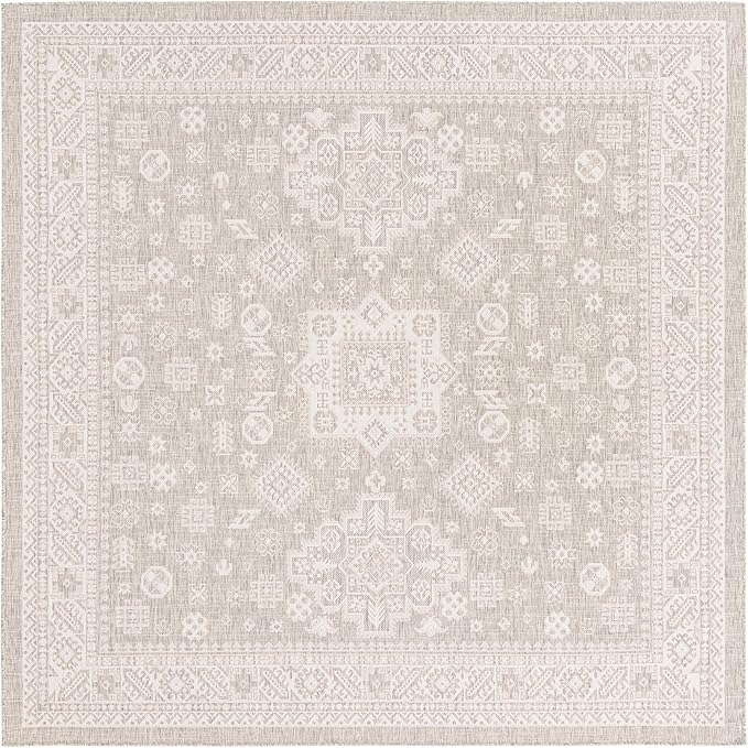 Rugs.com Outdoor Aztec Collection Rug – 10 Ft Square Light Gray Flatweave Rug Perfect for Living Rooms, Kitchens, Entryways