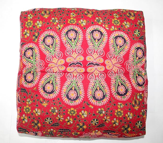 CRAFT KALA Red Peacock Large Hippie Mandala Meditation Floor Ottoman Pillow Cushion Pouf Cover Square Poufs Bohemian Circle Floor Cushion Case Outdoor Fireplace Yoga Living Room Decor Cover 24" Square