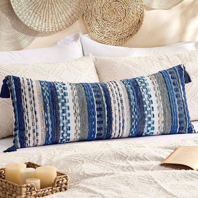 Kevin Textile 14x36 Inch Long Lumbar Pillow Cover 1 Pack Boho Decorative Rectangle Cushion Case Throw Soft Chenille Thread Woven Tufted Textured Farmhouse Accent for Living Room Couch Sofa Bed, Blue