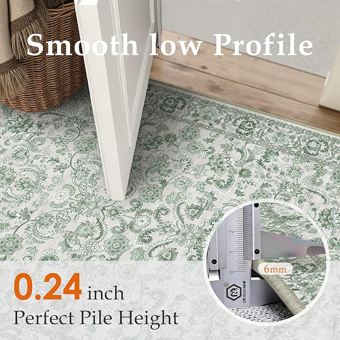HUGEAR 2x3 Entryway Area Rug Green Small Rug Machine Washable Door Mat Neutral Vintage Floral Low Pile Carpet Distressed Throw Rug Entrance Kitchen Bathroom Bedroom Office Non Slip Soft Lightweight