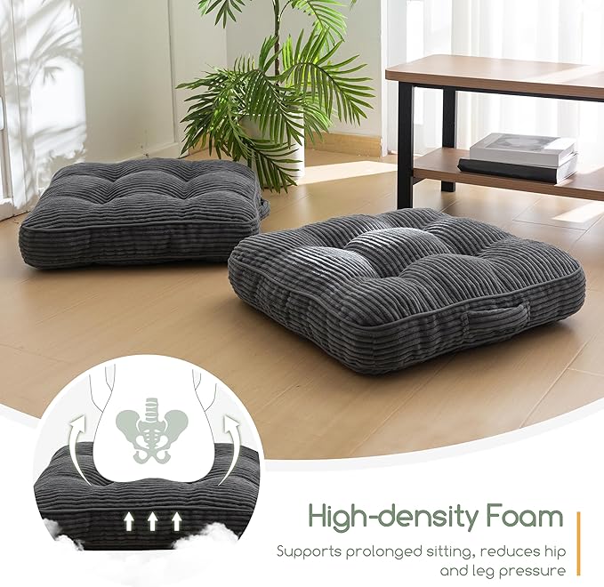 HIGOGOGO Floor Pillow Cushion for Adults, Meditation Cushion Pillow, Large Square Floor Sitting, Tufted Corduroy Cover, for Tatami Living Room or Yoga, 22x22 Inch, 2Pack, Dark Grey