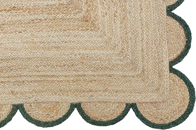 Scalloped Natural Jute Area Rug, Green Trim, 9'x12'