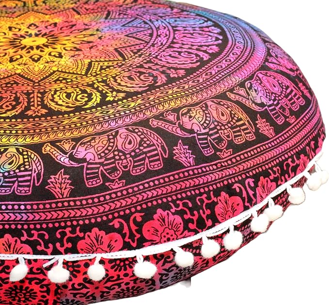 Round Mandala Floor Pillow Cover Seating Cushion Throw Cover Hippie Decorative Bohemian Ottoman Pouf Cover, Pom Pom Pillow Cases,Boho Indian 22 Inches (Multi Elephant Flower)